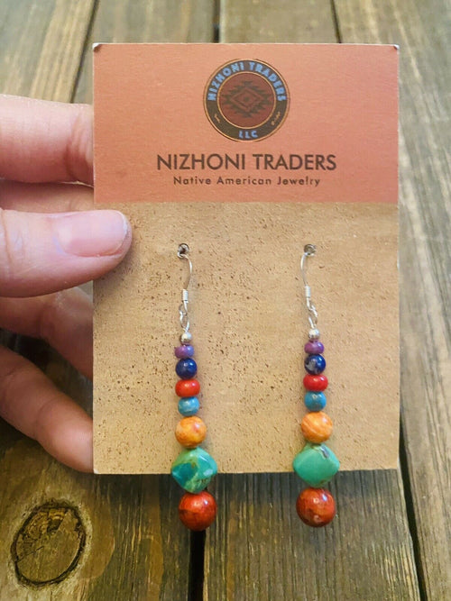 Navajo Sterling Silver Multi Stone Beaded Dangle Earrings