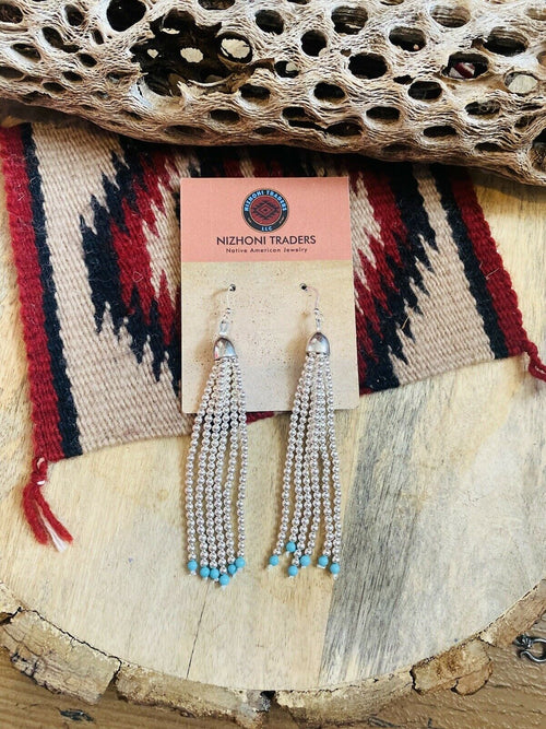 Navajo Turquoise & Sterling Silver Beaded Tassel Dangle Earrings