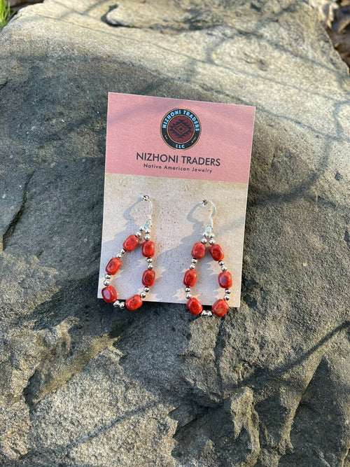 Navajo Sterling Silver Apple Coral Loop Beaded Dangle Earrings