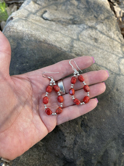 Navajo Sterling Silver Apple Coral Loop Beaded Dangle Earrings