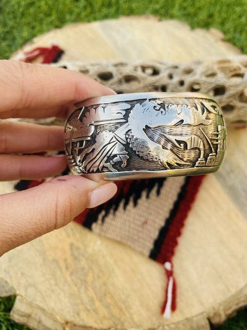 Vintage Handcrafted Sterling Silver Story Teller Cuff Bracelet