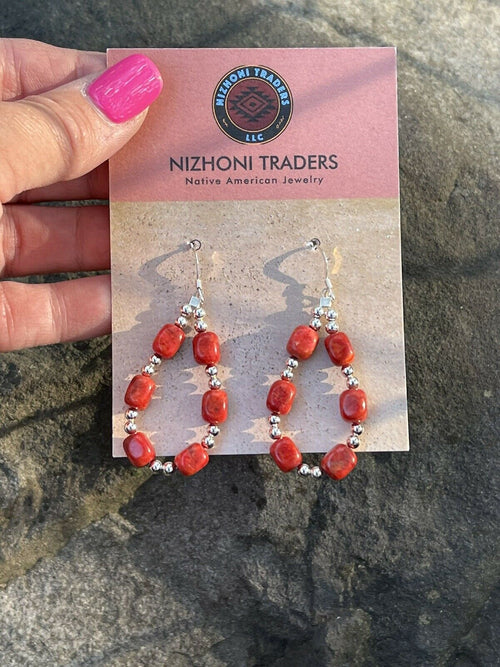 Navajo Sterling Silver Apple Coral Loop Beaded Dangle Earrings