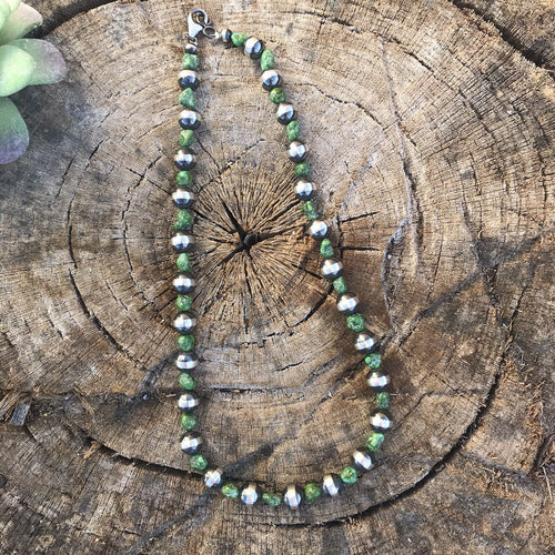 Navajo Sterling Silver Beads With Green Turquoise Accent Stones Necklace