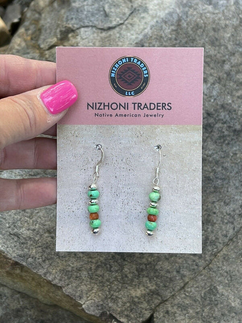 Navajo Sterling Apple Coral  & Green Kingman Turquoise Dangle Bead Earrings