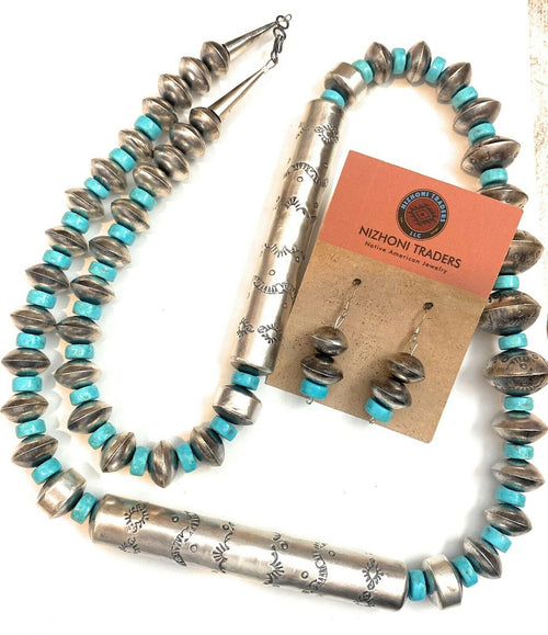 Navajo Sterling Silver & Turquoise Beaded Necklace & Earrings Set