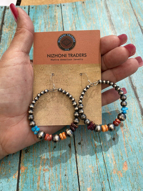 Navajo Sterling Silver Multi Stone Beaded Dangle Hoop Earrings