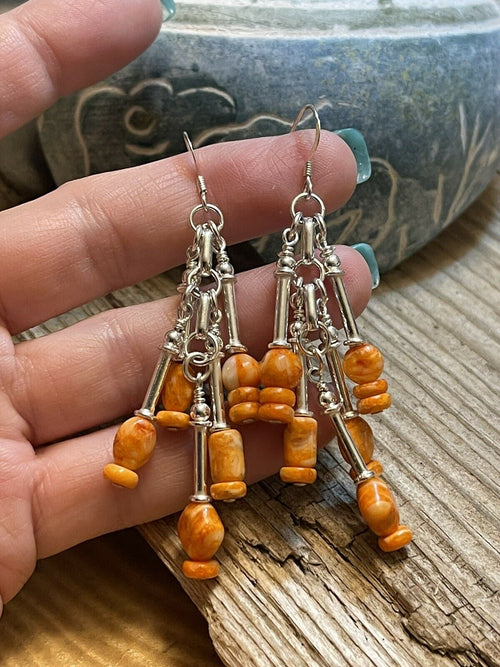 Navajo 5 Strand Orange Spiny Shell & Sterling Silver Dangle Earrings