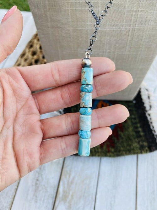 Navajo Turquoise And Sterling Silver Beaded Lariat Necklace