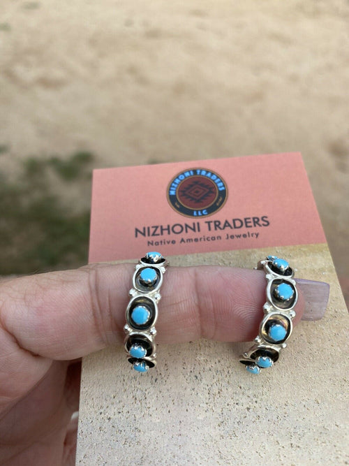 Zuni Sterling Silver & Turquoise Hoop Earrings