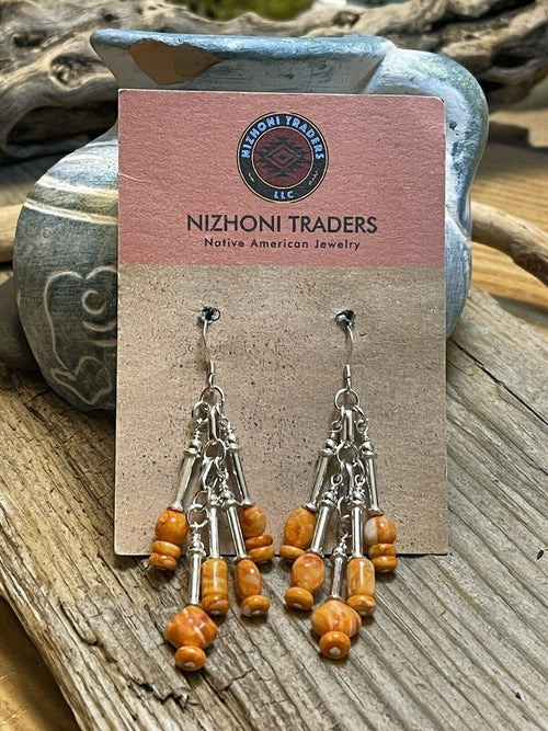 Navajo 5 Strand Orange Spiny Shell & Sterling Silver Dangle Earrings