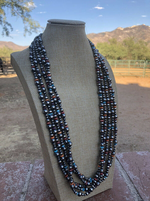 Navajo Multi Stone & Sterling Silver Beaded Necklace 30 inches