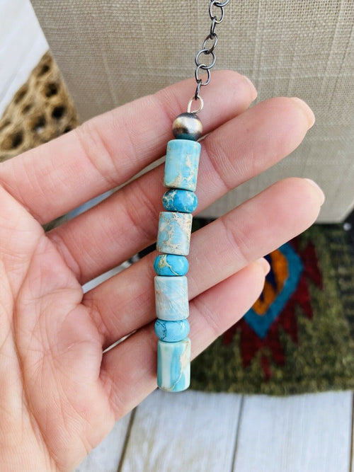 Navajo Turquoise And Sterling Silver Beaded Lariat Necklace