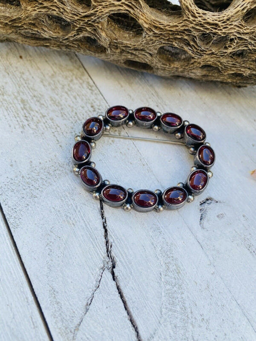 Vintage Navajo Garnet  Sterling Silver Brooch Signed