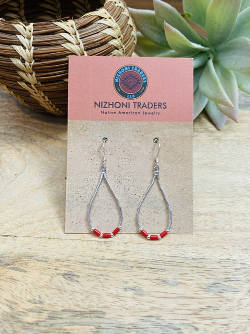 Navajo Sterling Liquid Silver & Coral Beaded Dangle Earrings