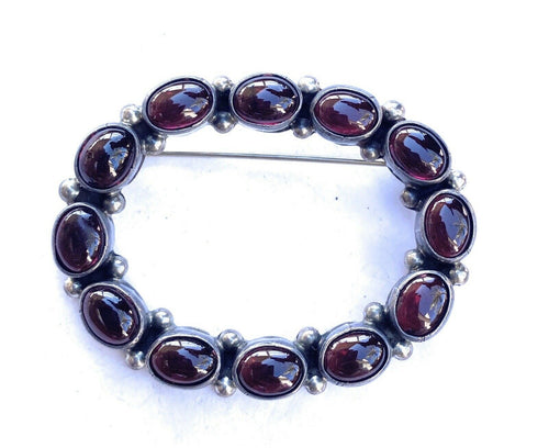 Vintage Navajo Garnet  Sterling Silver Brooch Signed