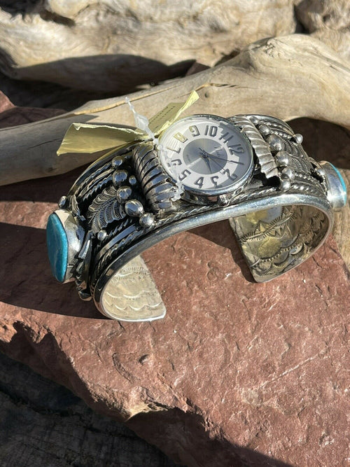Handcrafted Vintage Sterling Silver & Kingman Turquoise Non Working Watch Bracelet