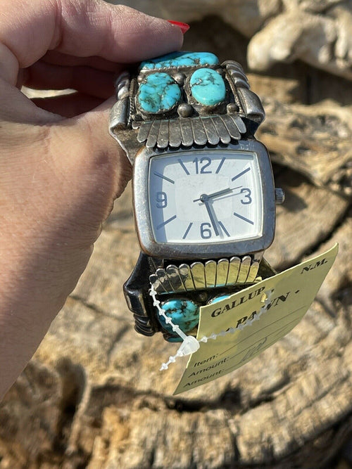 Vintage Handcrafted Sterling Silver & Kingman Turquoise Non Working Watch Bracelet