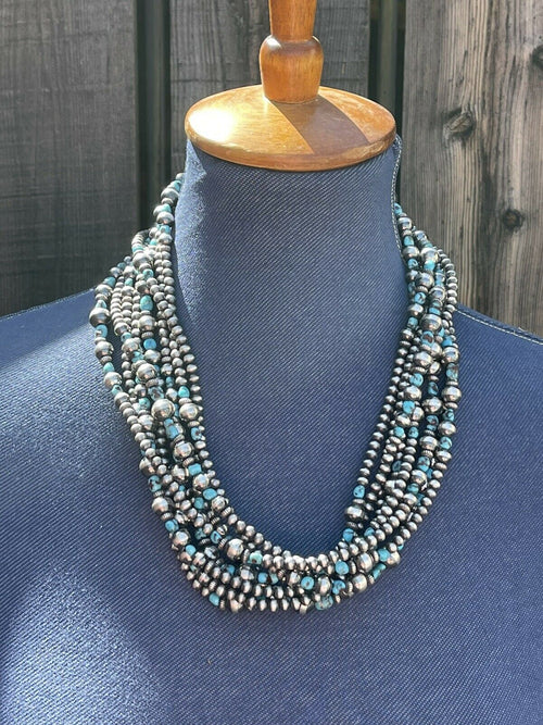 Navajo Turquoise Stone & Sterling Silver Beaded Necklace 15 Feet 3 Inches