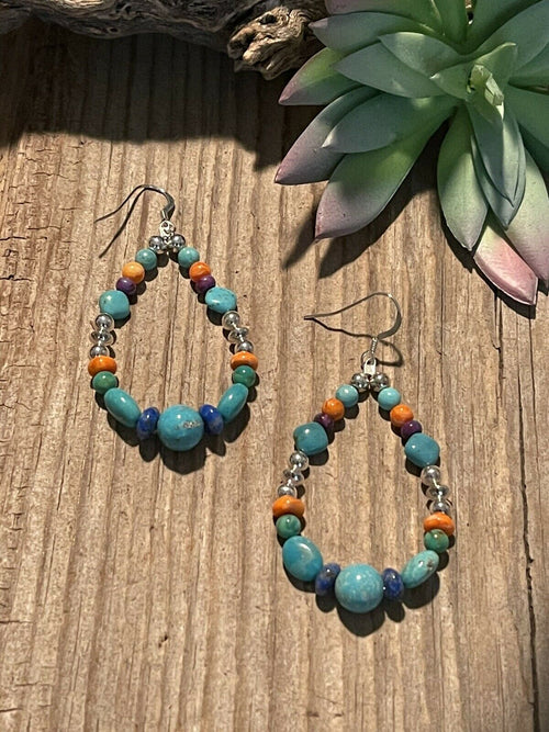 Navajo Sterling Silver Turquoise Multi Stone Beaded Hoop Dangle Earrings