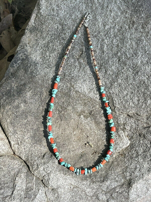 Navajo Turquoise, Heishi and Coral Beaded 16 Inch Necklace