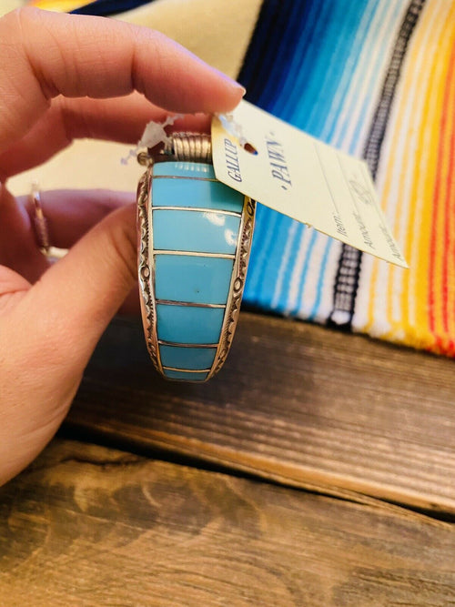 Vintage Navajo Turquoise & Sterling Silver Inlay Watch Cuff Signed