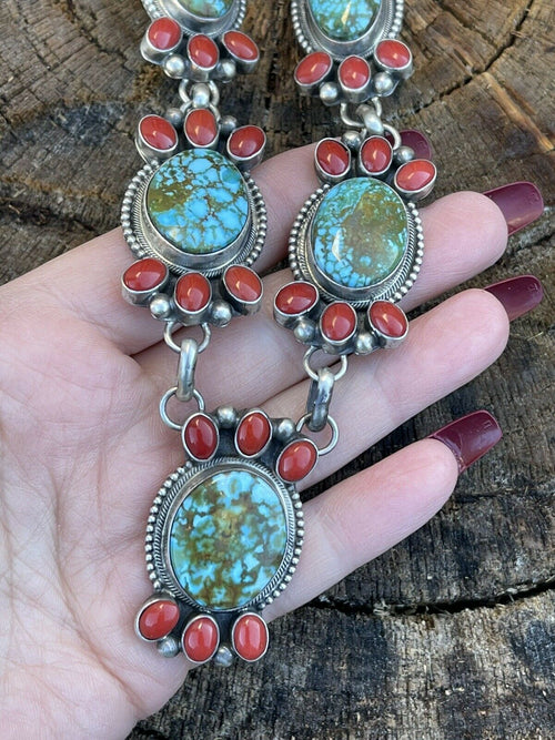 Handcrafted Sterling Kingman Turquoise Natural Red Coral Necklace Set Taos Collection