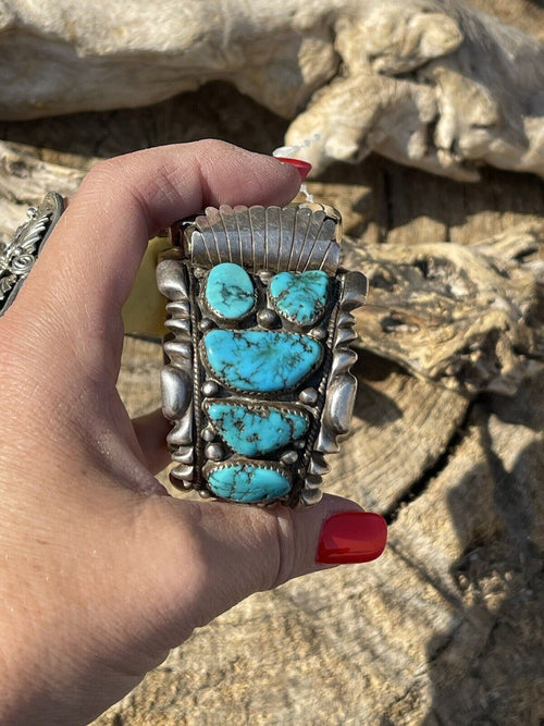 Vintage Handcrafted Sterling Silver & Kingman Turquoise Non Working Watch Bracelet