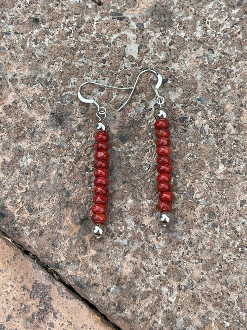 Navajo Sterling Silver Apple Coral Beaded Dangle Earrings