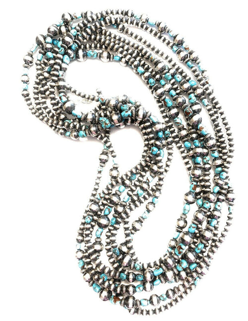 Navajo Turquoise Stone & Sterling Silver Beaded Necklace 15 Feet 3 Inches