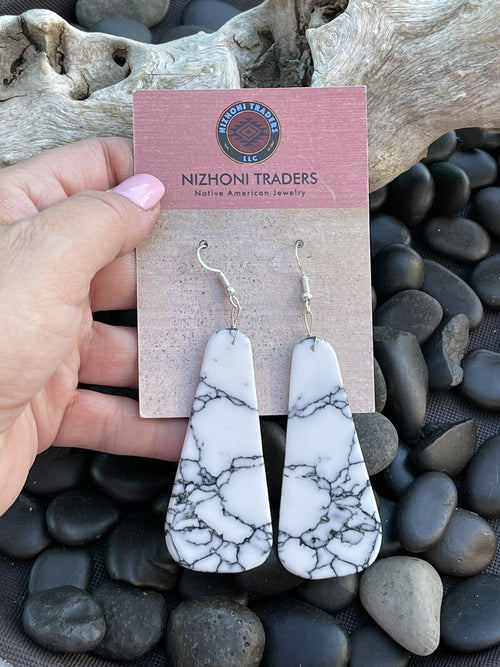 Navajo Sterling Silver & White Buffalo Slab Dangle Earrings