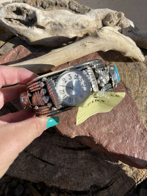 Handcrafted Vintage Sterling Silver & Kingman Turquoise Non Working Watch Bracelet