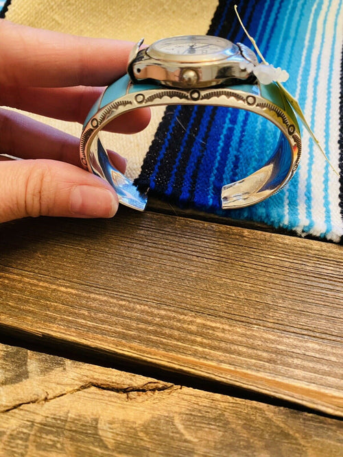 Vintage Navajo Turquoise & Sterling Silver Inlay Watch Cuff Signed