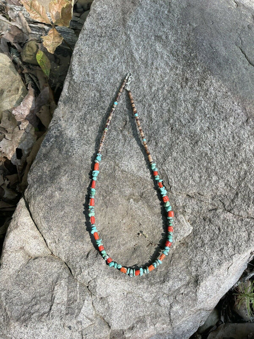 Navajo Turquoise, Heishi and Coral Beaded 16 Inch Necklace