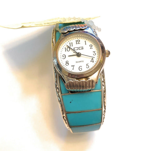 Vintage Navajo Turquoise & Sterling Silver Inlay Watch Cuff Signed