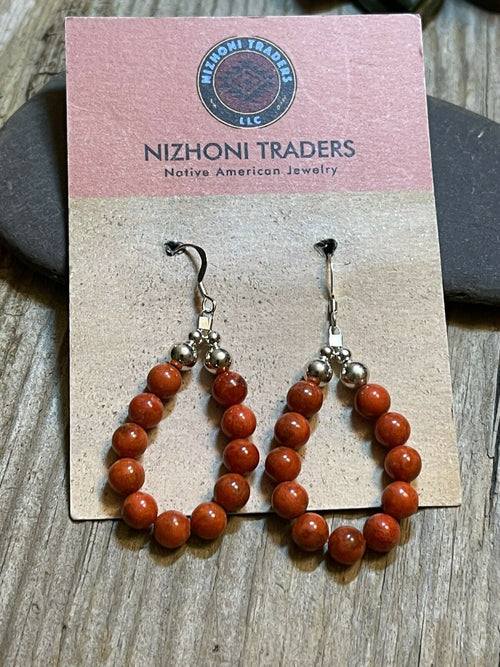 Navajo Sterling Silver Apple Coral 11 Beaded Dangle Earrings