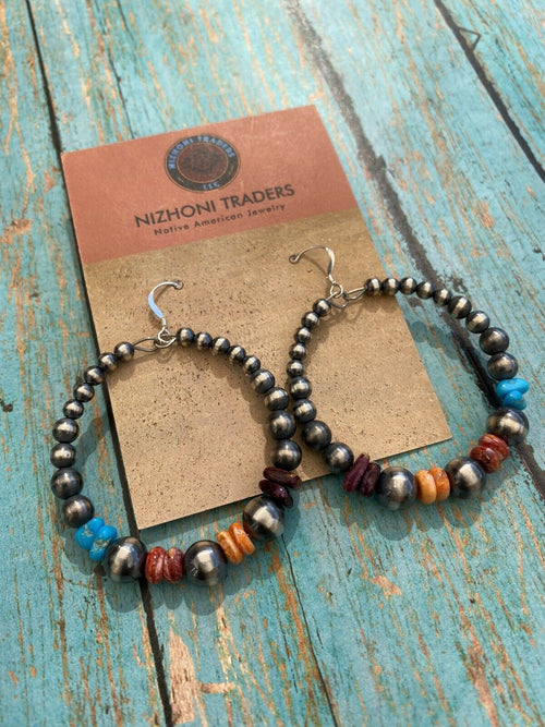 Navajo Sterling Silver Multi Stone Beaded Dangle Hoop Earrings