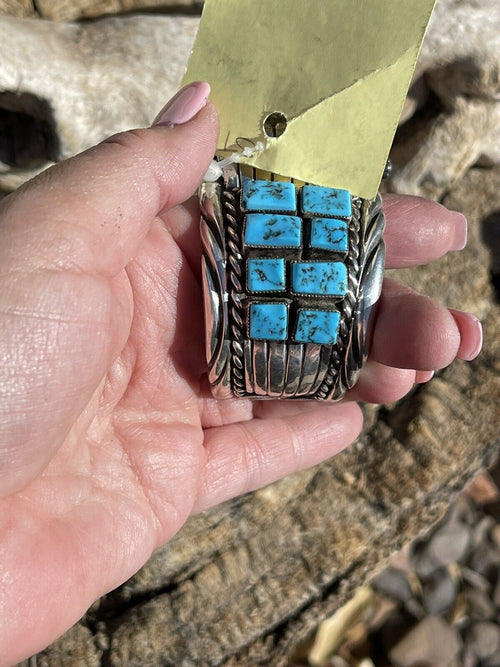 Vintage Handcrafted Sterling Silver & Kingman Turquoise Non Working Watch Bracelet