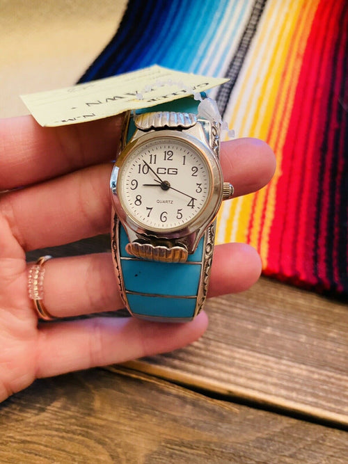 Vintage Navajo Turquoise & Sterling Silver Inlay Watch Cuff Signed