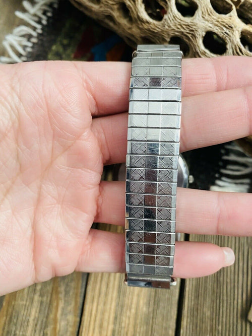 Old Pawn Vintage Navajo Onyx, Malachite, Opal & Sterling Silver Inlay Watch