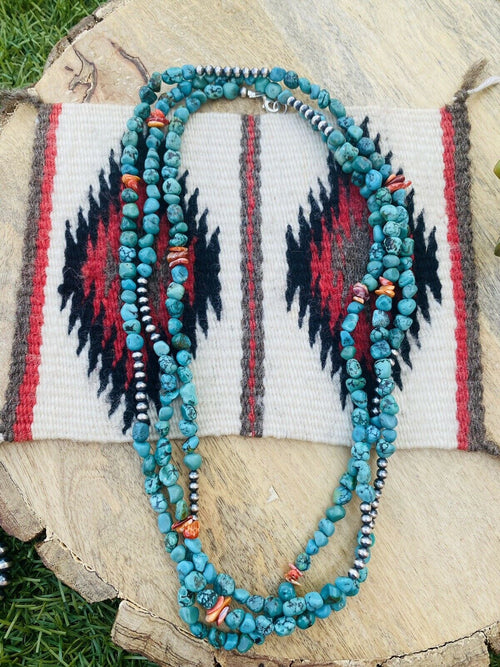 Navajo Turquoise, Spiny & Sterling Silver Beaded 60 Inch Necklace