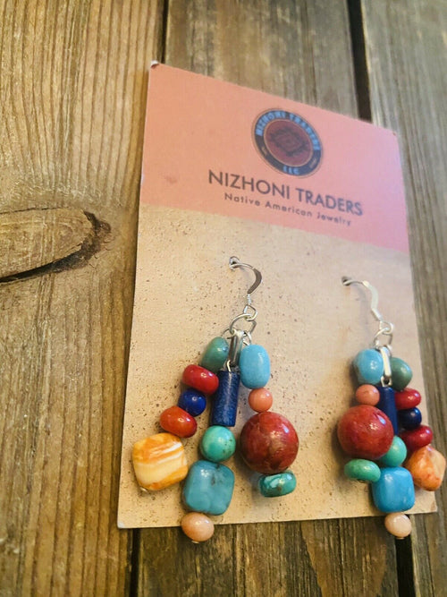 Navajo Sterling Silver Multi Stone Beaded Dangle Earrings