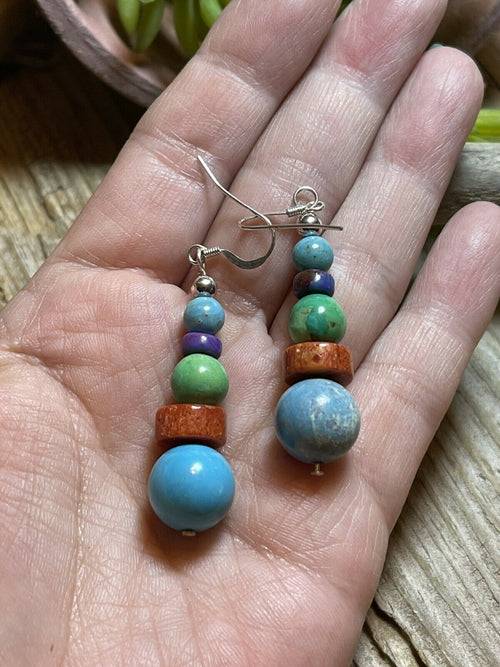 Navajo Sterling Silver Multi Stone Round Bead Dangle Earrings