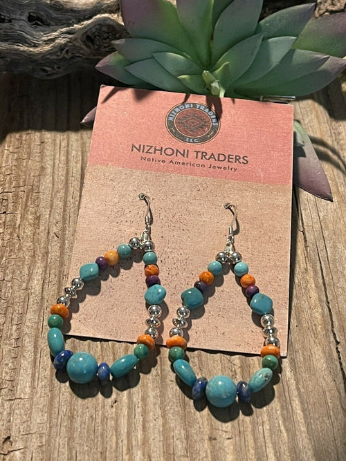 Navajo Sterling Silver Turquoise Multi Stone Beaded Hoop Dangle Earrings