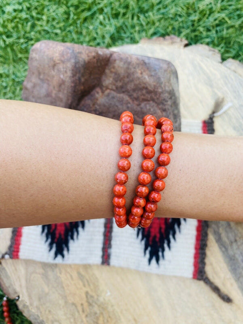 Navajo Apple Coral & Sterling Silver Beaded Bracelet