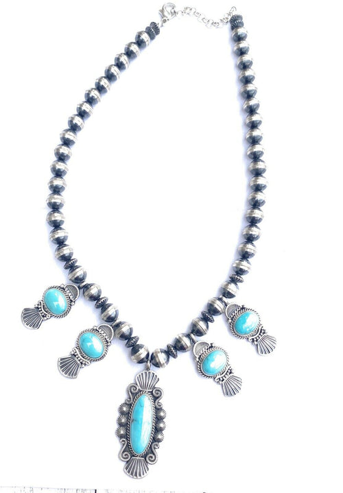 Navajo Turquoise & Sterling Silver Beaded Necklace Signed