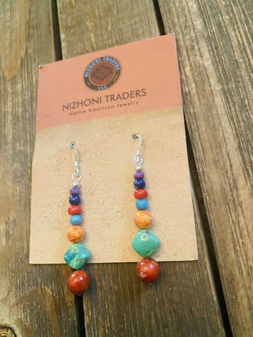 Navajo Sterling Silver Multi Stone Beaded Dangle Earrings