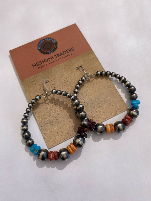 Navajo Sterling Silver Multi Stone Beaded Dangle Hoop Earrings