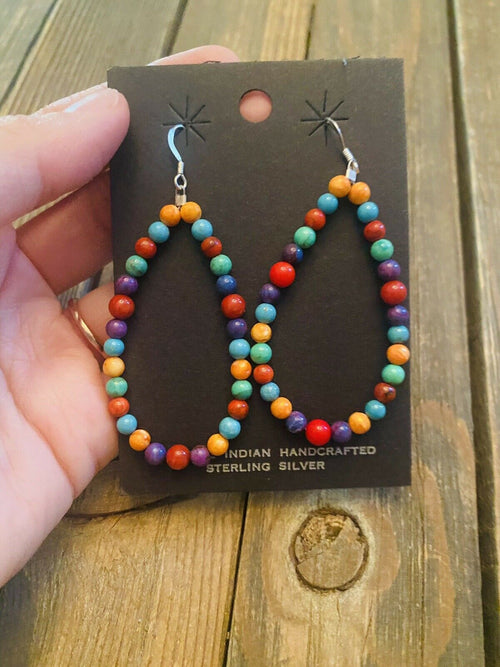 Navajo Sterling Silver Multi Stone Beaded Dangle Earrings