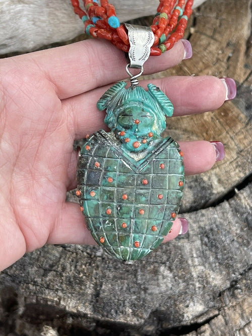 Vintage Old Pawn Navajo Natural Coral Beaded & Turquoise Necklace