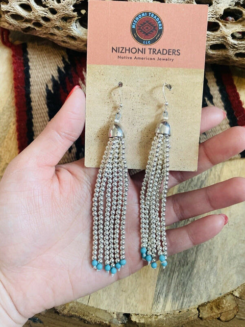 Navajo Turquoise & Sterling Silver Beaded Tassel Dangle Earrings